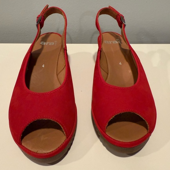 Ara Red Suede Colleen Slingback Leather Wedge Sandals - Size 6.5 - Picture 2 of 13